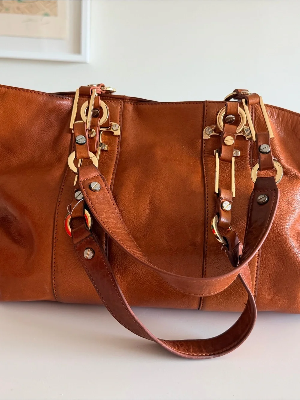 Tory Burch Cognac Leather Tote with Gold Hardware